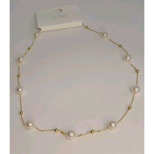 NEW Faux Silver Pearl Necklace With Gold Tone Balls Stainless Steel Material